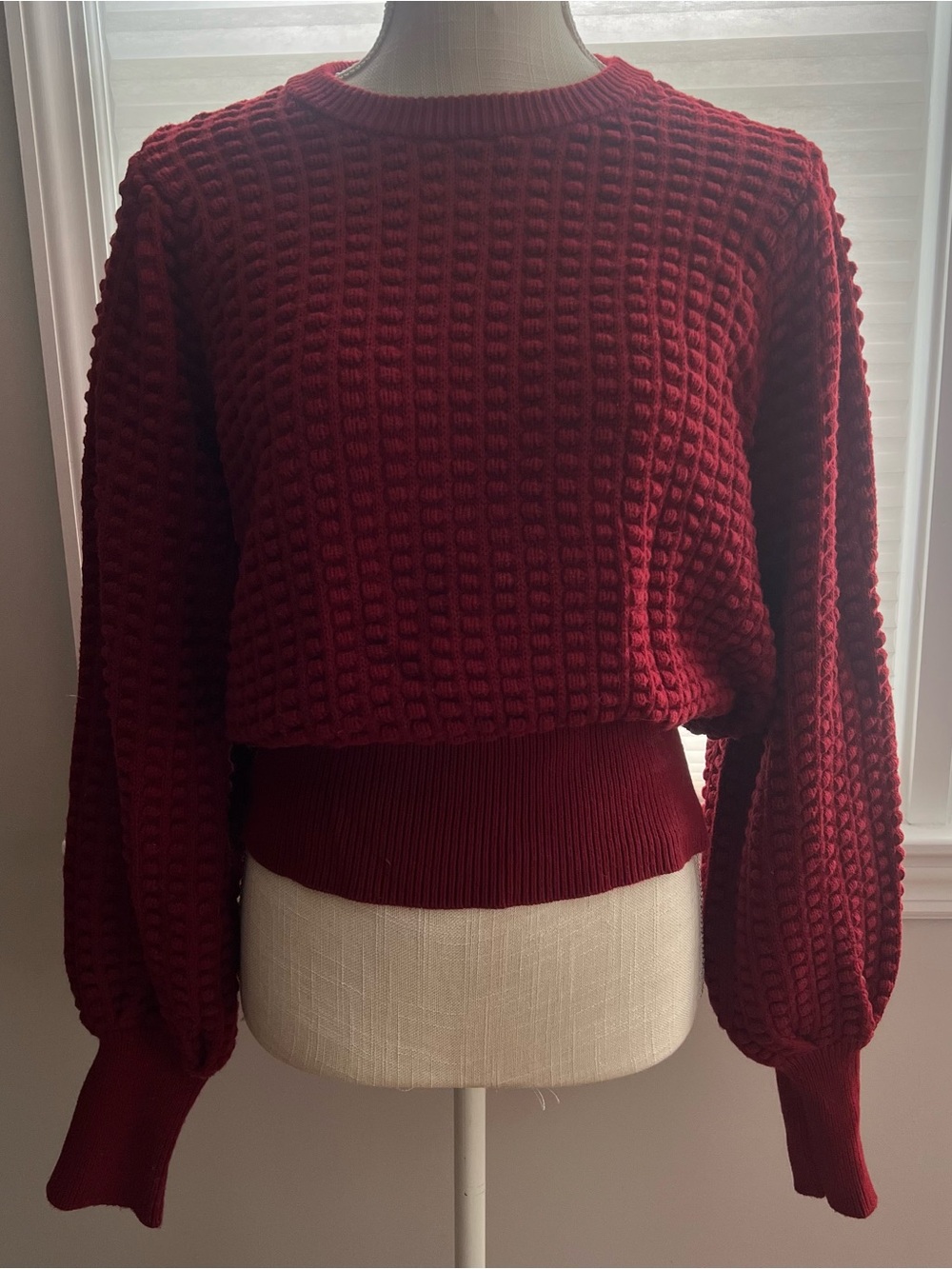 French Connection Textured Deep Red Sweater with Balloon Sleeves